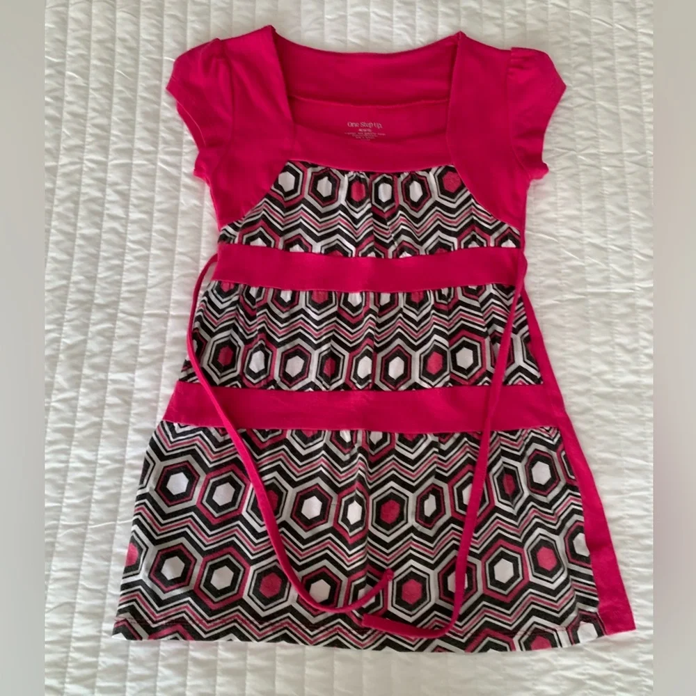 One Step Ahead Set Girls M (10-12) Pink Brown Top Leggings Geometric Tie Back
